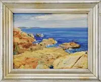 George W. Picknell, Cape Ann Shoreline, Oil on wood panel shows a calm ocean with coastal rocks under blue and white cloud sky