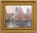 Calthea Campbell Vivian, Sailboats, Oil on board harbor scene shows several small single mast sailboats with buildings in the background