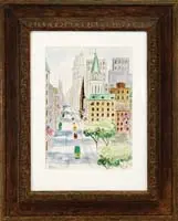 Fifth Avenue by Signed, Watercolor New York city scene shows Fifth Avenue with vehicles, six American flags hang at sides of buildings, sold Feb 2010