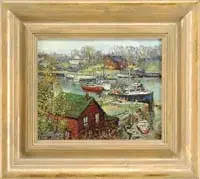 Jonathan Hotz, Cape Ann Harbor, Oil on canvas laid on board scene shows a narrow waterway with docks, fishing boats and buildings