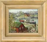 Jonathan Hotz, Cape Ann Harbor, Oil on canvas laid on board scene shows a narrow waterway with docks, fishing boats and buildings