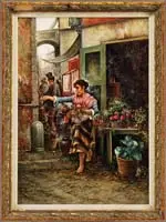 The Fruit Seller by Signed, Oil on canvas Italian street scene shows a woman displaying her fruit, sold Feb 2010