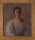 Elizabeth Vila Taylor Watson, Portrait of a Boston Socialite, Oil on canvas half portrait of a young woman wearing a lavender off the shoulder dress