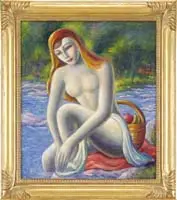 Paul Raphael Meltsner, Picnic by the Stream, Oil on canvas summer scene shows a nude woman seated beside a stream on red cloth with basket of fruit