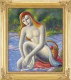Paul Raphael Meltsner, Picnic by the Stream, Oil on canvas summer scene shows a nude woman seated beside a stream on red cloth with basket of fruit