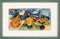 Yves Brayer, Windsurfing, Crayon and market beach scene shows four figures on a sand beach with two wind surfers beyond