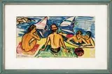 Yves Brayer, Windsurfing, Crayon and market beach scene shows four figures on a sand beach with two wind surfers beyond