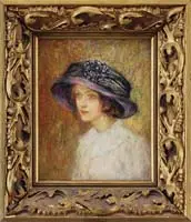 Abel Jules Faivre, Portrait of a French Girl, Oil on canvas half portrait of a young woman wearing a white blouse and a large blue hat