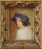 Abel Jules Faivre, Portrait of a French Girl, Oil on canvas half portrait of a young woman wearing a white blouse and a large blue hat
