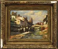 Frédéric Louis Levé, A Village Stream, Oil on canvas depicts a stream with arched bridge having buildings on both sides and stairway from bridge to stream