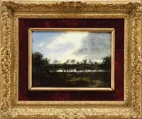 Michael Caic, The Fishing Pond, Oil on panel depicting tree-lined pond with fishermen approaching the pond under a gray, white and blue sky