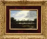 Michael Caic, The Fishing Pond, Oil on panel depicting tree-lined pond with fishermen approaching the pond under a gray, white and blue sky