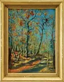 Road Through the Woods by William Lester Stevens, Oil on canvas mounted on board New England scene shows a road through woods with blue sky, sold Feb 2010