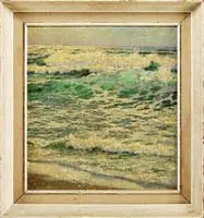 Wallace Paton, Morning Waves, Oil on canvas beach scene shows light green waves with white crests rolling onto a beach