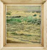 Wallace Paton, Morning Waves, Oil on canvas beach scene shows light green waves with white crests rolling onto a beach