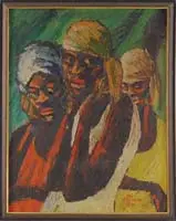 Don McIlvaine, Three Women, Oil on masonite half portrait of three African American women. They each have different colored dresses and head scarves