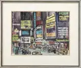 Harry Walker, Theater District, Watercolor 1930’s scene of a city theater district with bright lit marquees in a nighttime setting