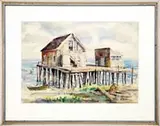 The Old Provincetown Playhouse by Vollian Burr Rann, Watercolor Cape Cod scene shows two buildings on stilt foundation. Two small boats are moored beside, sold Feb 2010