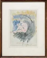 Will Hickok Low, Tatooed Boy Playing the Whistle, Watercolor sketch shows a nude boy covered in tatoos playing a horn shaped whistle under a tree near water