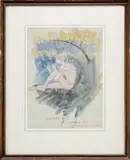 Will Hickok Low, Tatooed Boy Playing the Whistle, Watercolor sketch shows a nude boy covered in tatoos playing a horn shaped whistle under a tree near water