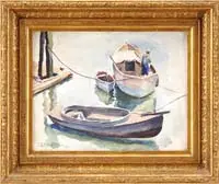 Daniel Ralph Celantano, East Harlem River, Watercolor scene shows three boats moored to dock post, a man with blue bib overalls works on largest boat