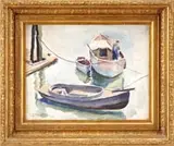 Daniel Ralph Celantano, East Harlem River, Watercolor scene shows three boats moored to dock post, a man with blue bib overalls works on largest boat