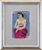 Moses Soyer, The Seated Model, Mixed media studio scene shows a nude woman seated with a scarlet cloth draped over her lap with a blue background