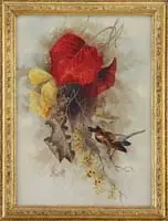 J H Garratt, Autumn Time Sparrow, Watercolor shows a brown and white sparrow perched on a winter-berry branch with yellow and red leaves