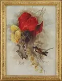 J H Garratt, Autumn Time Sparrow, Watercolor shows a brown and white sparrow perched on a winter-berry branch with yellow and red leaves