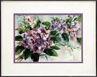 Pat Dews, Purple Flowers, Watercolor of purple blossoms and green leaves