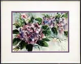 Pat Dews, Purple Flowers, Watercolor of purple blossoms and green leaves