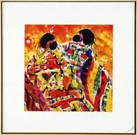 Evelyn Winter, Keepers of the Fire, Watercolor scene shows two women in colorful ponchos facing the flames of a large fire