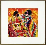 Evelyn Winter, Keepers of the Fire, Watercolor scene shows two women in colorful ponchos facing the flames of a large fire