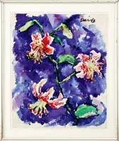 George Daniell, Two Works: Tiger Lilies & “Nude Maine Youth, 1) Bright watercolor scene shows a stem of three tiger lilies against a blue background