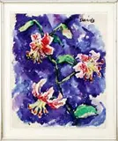 George Daniell, Two Works: Tiger Lilies & “Nude Maine Youth, 1) Bright watercolor scene shows a stem of three tiger lilies against a blue background