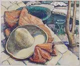 Russell Cheney, Sombrero, Oil on canvas outdoor scene shows a sombrero resting on a red cloth next to a bowl on a wall overlooking a pool area