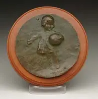 Giuseppe Siccardi, Little Girl with Beach Ball, Round bronze plaque with a relief figure of a young girl holding a beach ball