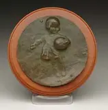Giuseppe Siccardi, Little Girl with Beach Ball, Round bronze plaque with a relief figure of a young girl holding a beach ball