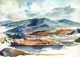 Laurence Philip Sisson, Rangley, Maine, Fine large watercolor depicting mountains surrounding Rangley Lake in a fall landscape