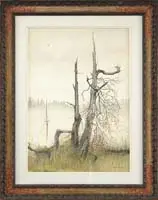 Reynolds Thomas, Masthead, Watercolor and dry brush scene shows a sailing mast in foggy bay with dead trees in foreground and evergreens in back