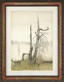 Reynolds Thomas, Masthead, Watercolor and dry brush scene shows a sailing mast in foggy bay with dead trees in foreground and evergreens in back