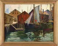 J. J. Enwright, New England Harbor Scene, Oil on canvas scene shows two fishing boats moored side by side next to wharf with several buildings and people
