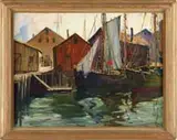 J. J. Enwright, New England Harbor Scene, Oil on canvas scene shows two fishing boats moored side by side next to wharf with several buildings and people