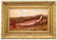 Lewis C. Ewer, Trophy Brook Trout, Outstanding oil on canvas scene shows a large brook trout against a rock and grass ground under a blue and cloud sky