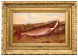 Lewis C. Ewer, Trophy Brook Trout, Outstanding oil on canvas scene shows a large brook trout against a rock and grass ground under a blue and cloud sky