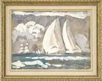 Gifford Beal, Sailboat Sketch, Oil and tempera on masonite sketch of sailboats on a blue ocean with blue and white cloud sky