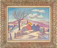 George J. Marinko, Cozy Hollow, Oil on canvas scene shows a number of colorful buildings in a winter New England landscape