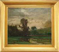 Edward Loyal Field, Barbizon Style Landscape, Oil on canvas scene shows trees, pasture and hillside with water in foreground under darkening skies