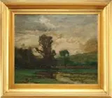 Edward Loyal Field, Barbizon Style Landscape, Oil on canvas scene shows trees, pasture and hillside with water in foreground under darkening skies
