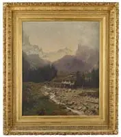 Frederick Judd Waugh, Swiss Alpine Landscape, Magnificent oil on canvas scene shows a rock strewn stream bed with working mill having sluice and waterwheel